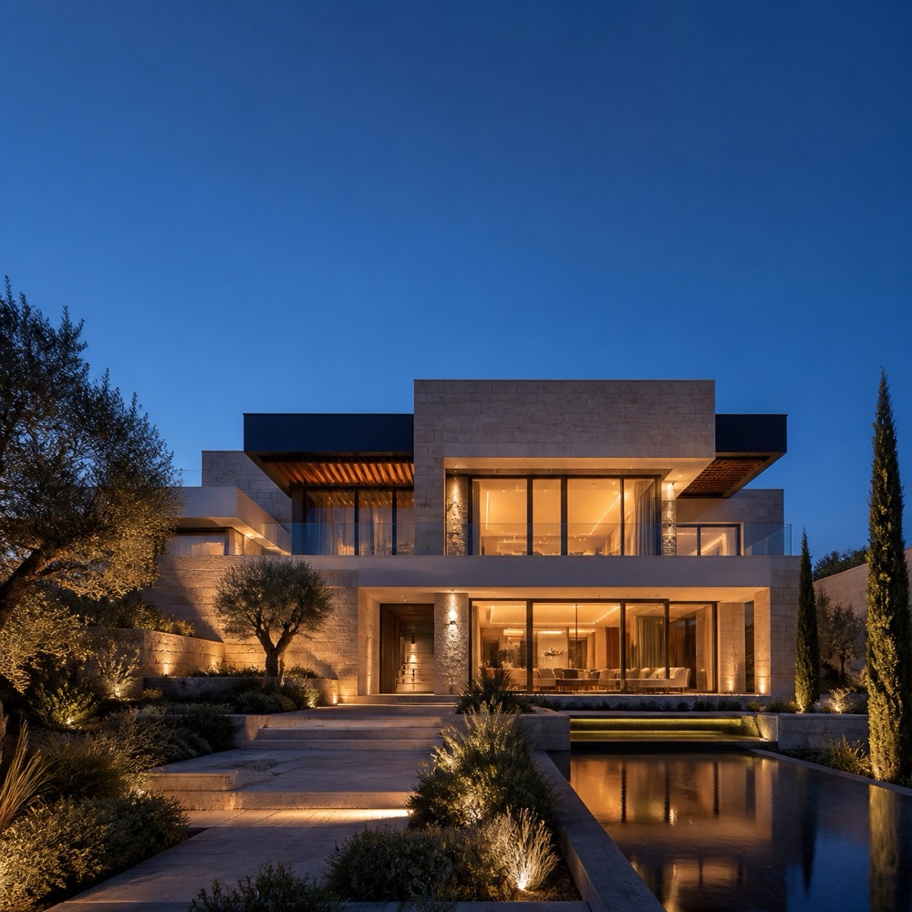 Original concept image of a limestone residence at blue hour