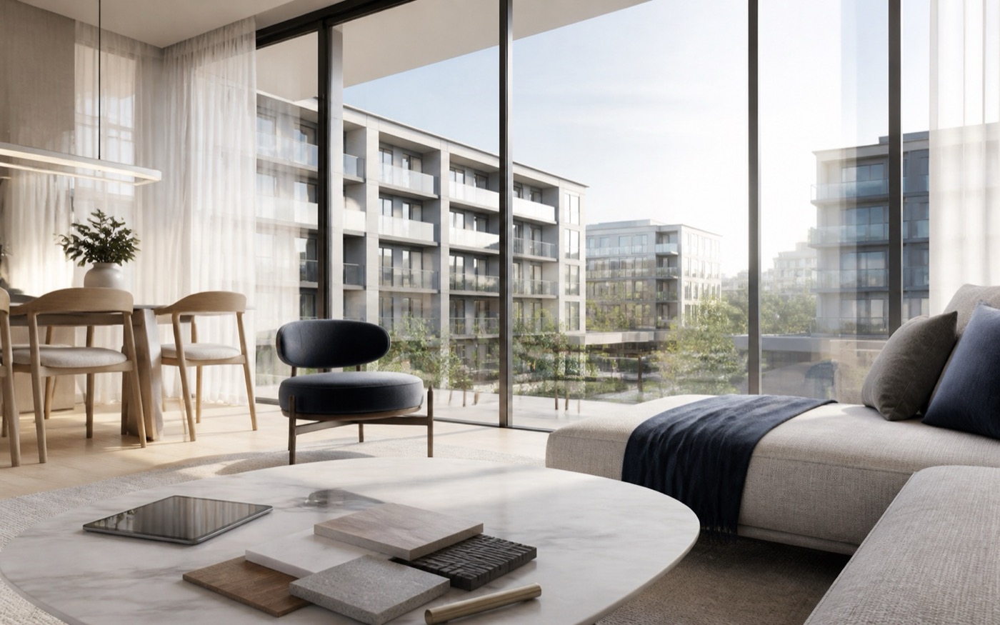 Sunlit premium apartment interior overlooking a contemporary residential development