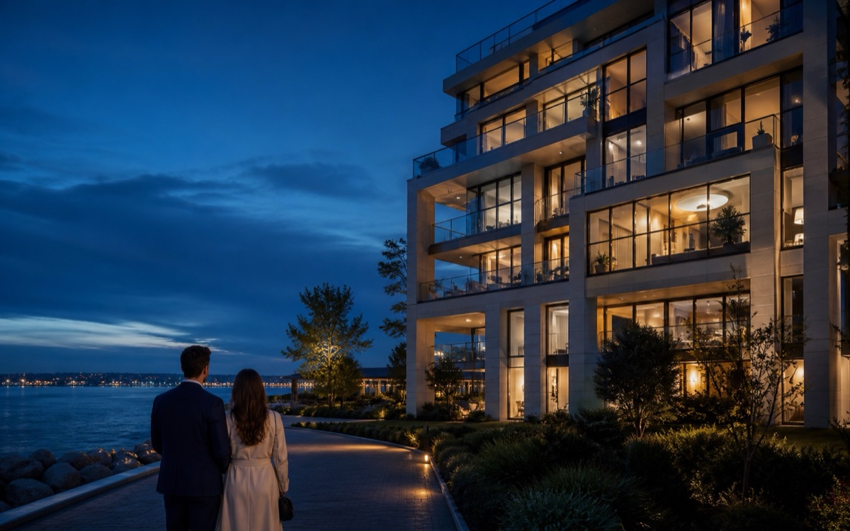 Prospective buyers looking toward a waterfront residential development at blue hour