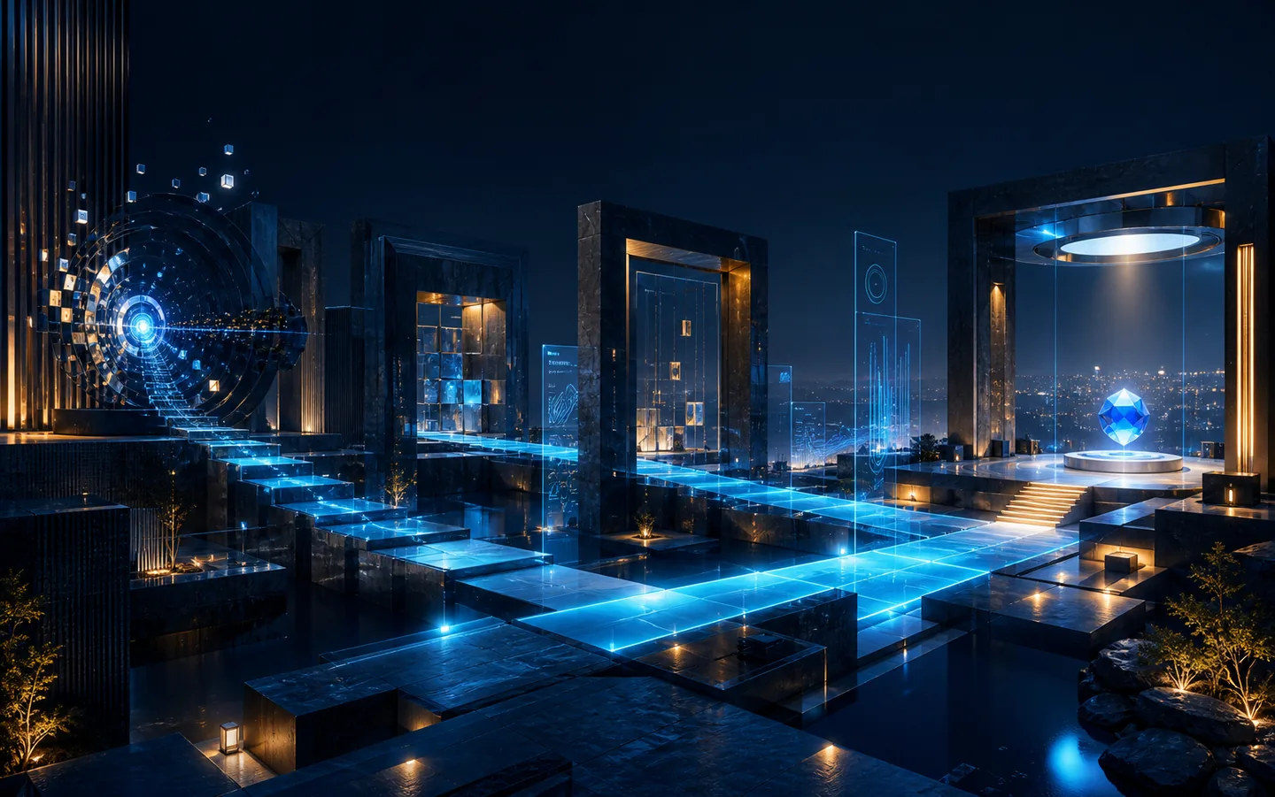 A luminous pathway carrying attention through connected decision gates toward action