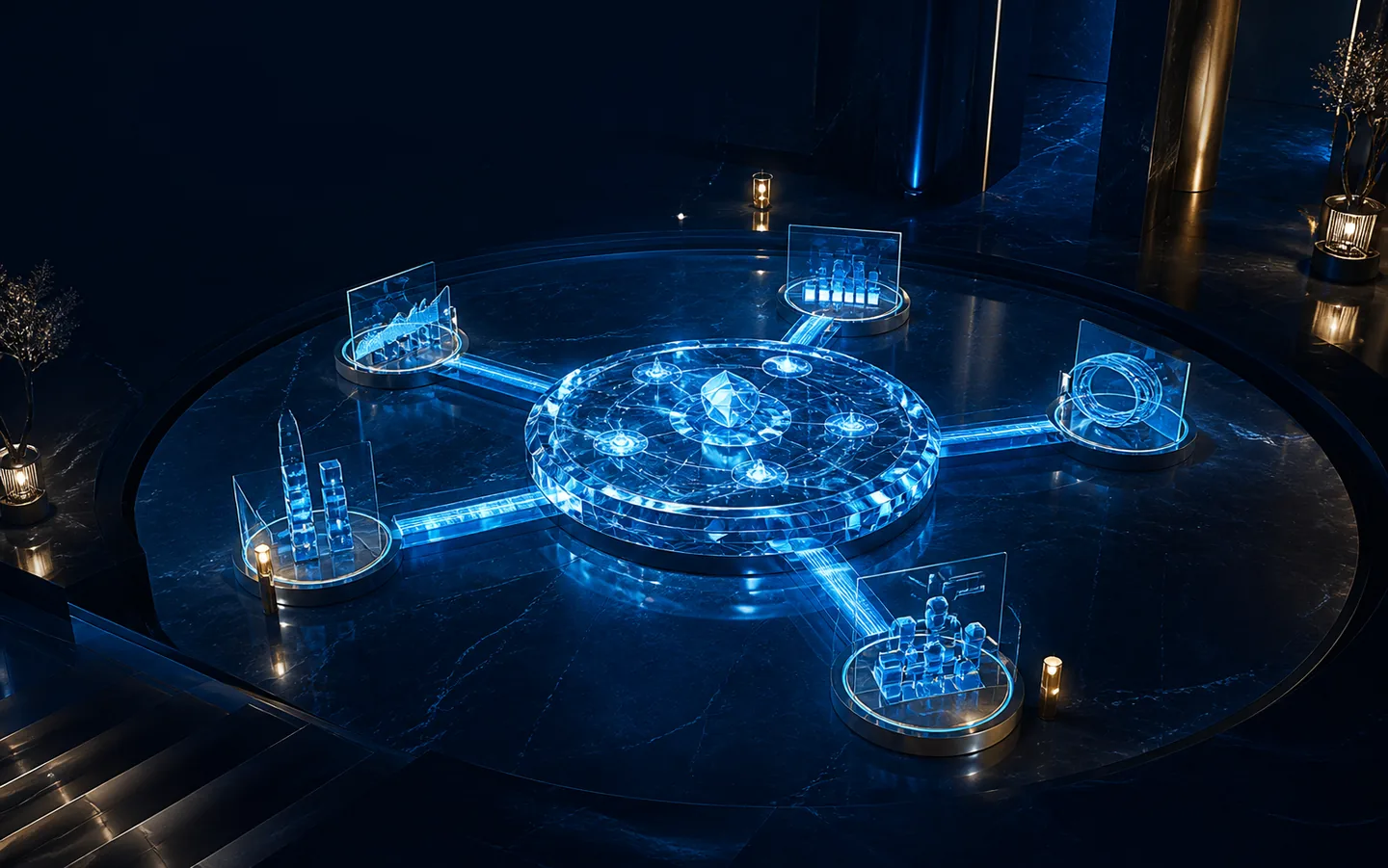 A sapphire glass strategy chamber connecting six commercial growth disciplines