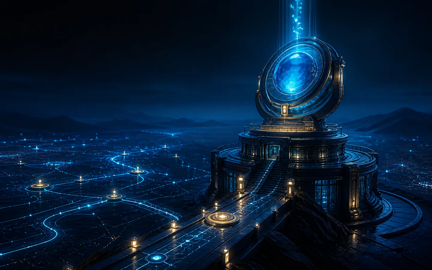 A sapphire signal observatory resolving scattered inputs into a connected intelligence pathway